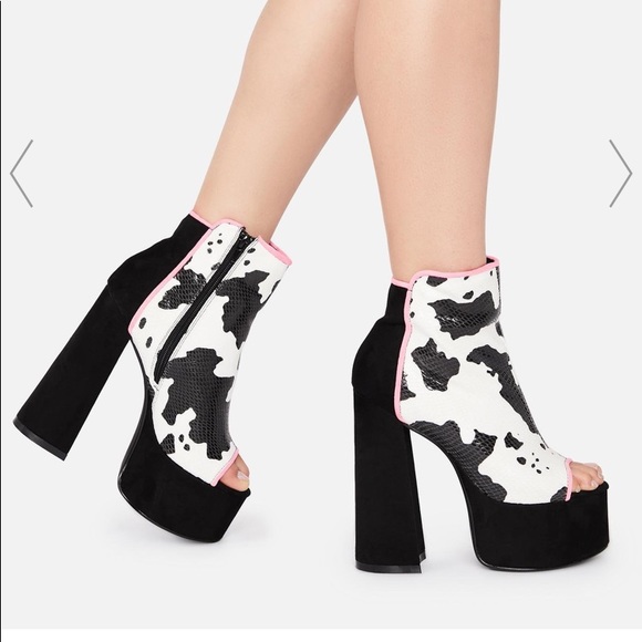 Dolls Kill Shoes - Cow print cacie platform heels Dollskill